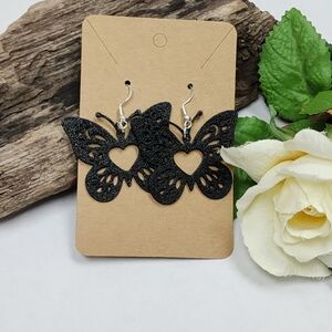 Hand Crafted Black Heart Butterfly Earrings